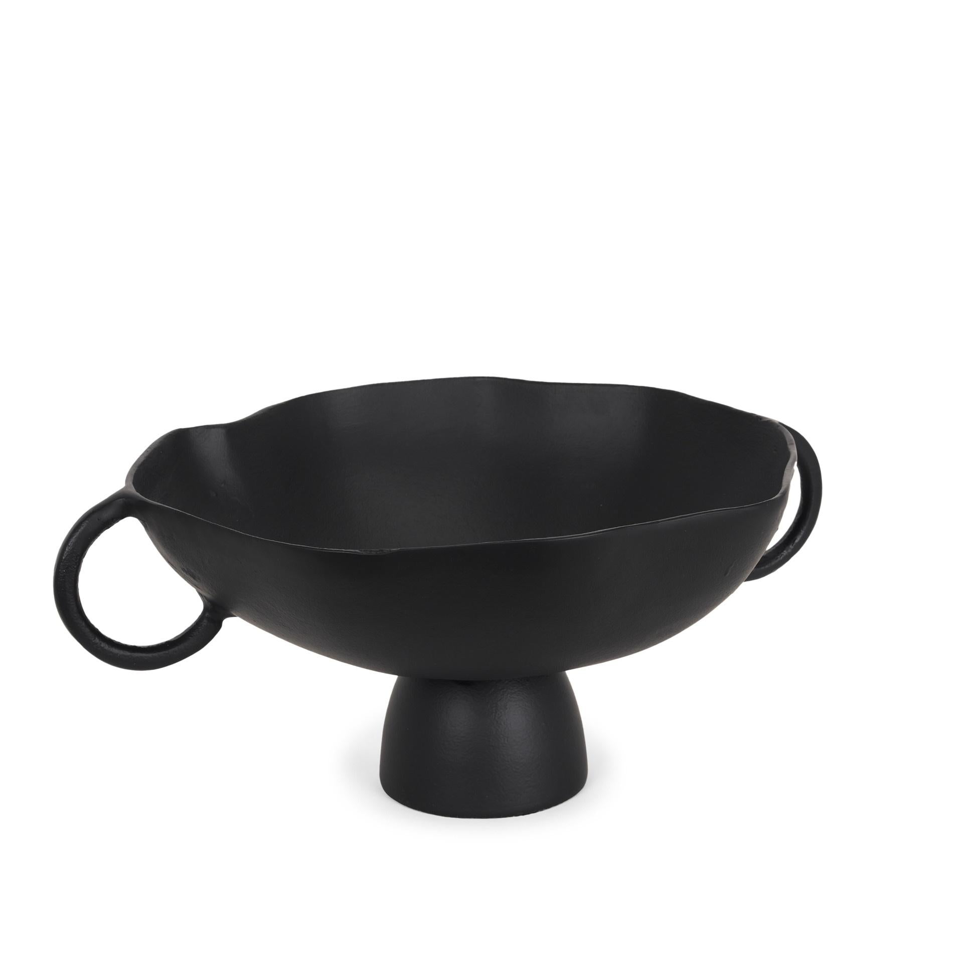 16" Black Metal Wavy Edge Round Pedestal Centerpiece Bowl With Handles
