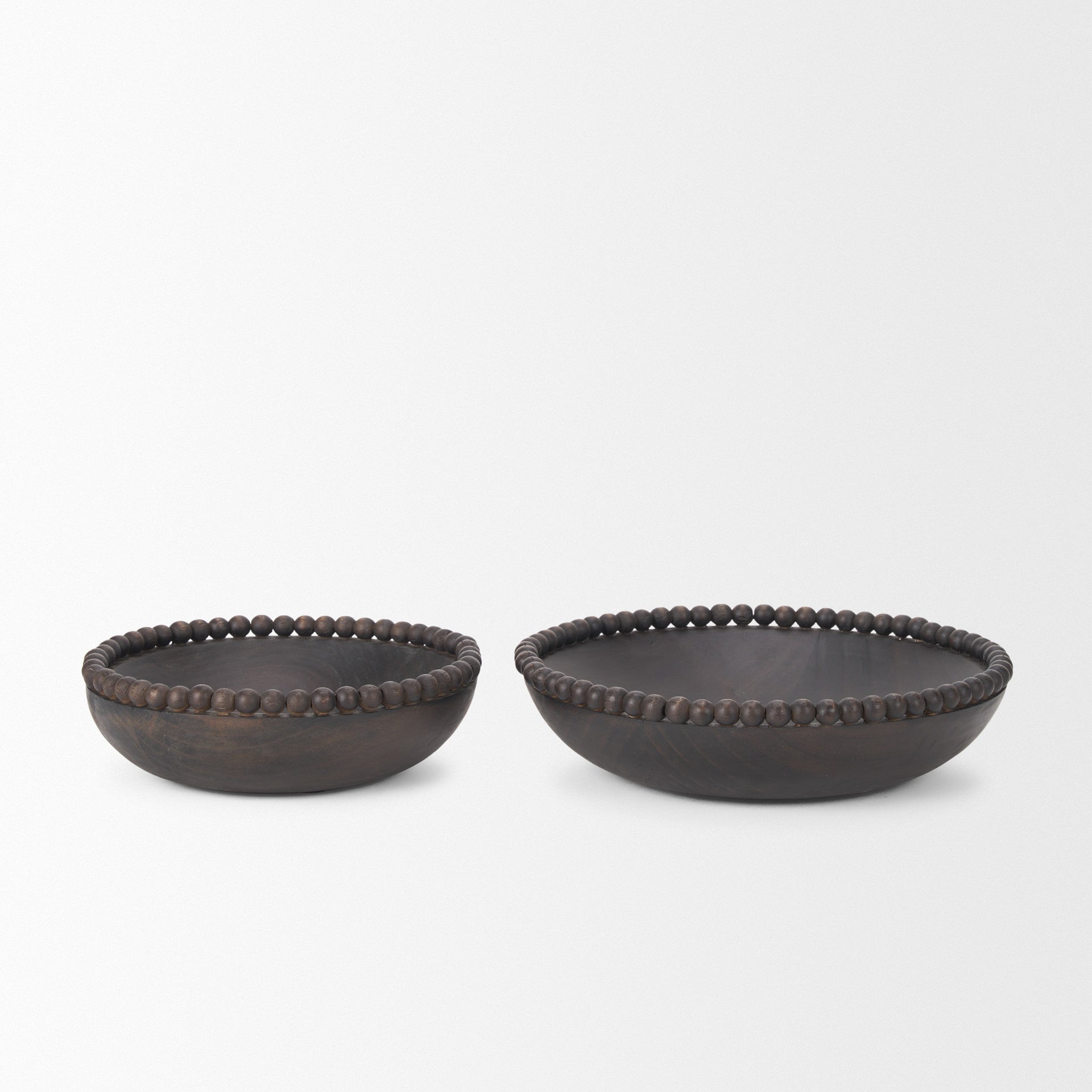 Set of Two Black Solid Wood Beaded Edge Round Centerpiece Bowls