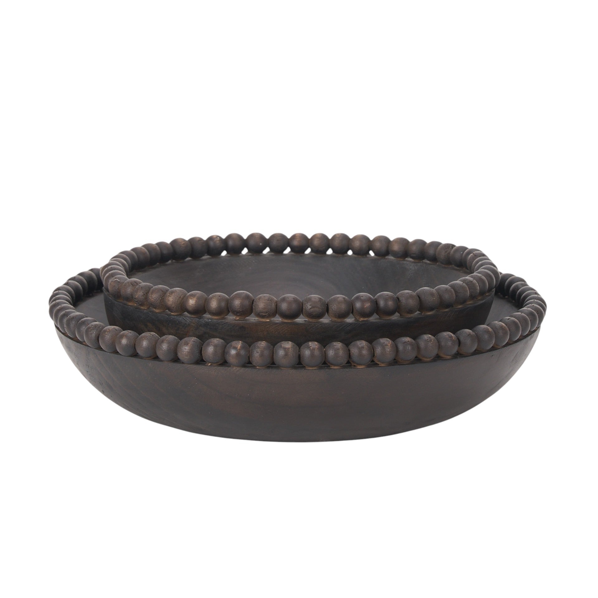 Set of Two Black Solid Wood Beaded Edge Round Centerpiece Bowls