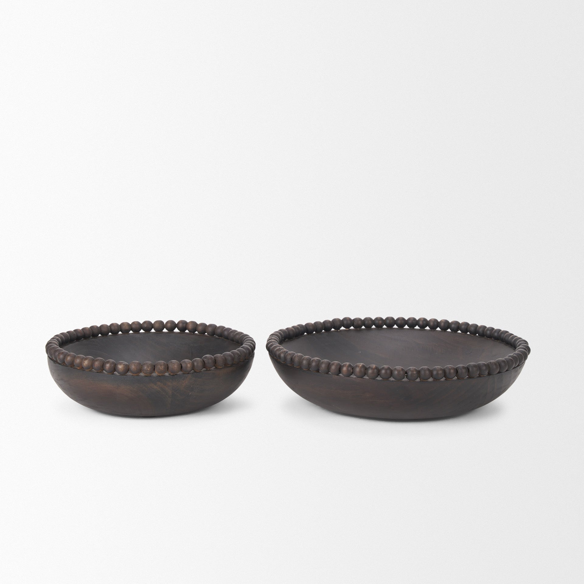 Set of Two Black Solid Wood Beaded Edge Round Centerpiece Bowls