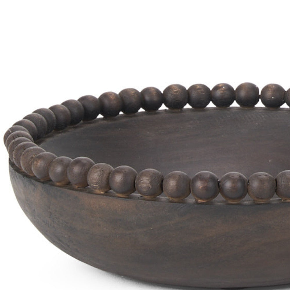 Set of Two Black Solid Wood Beaded Edge Round Centerpiece Bowls