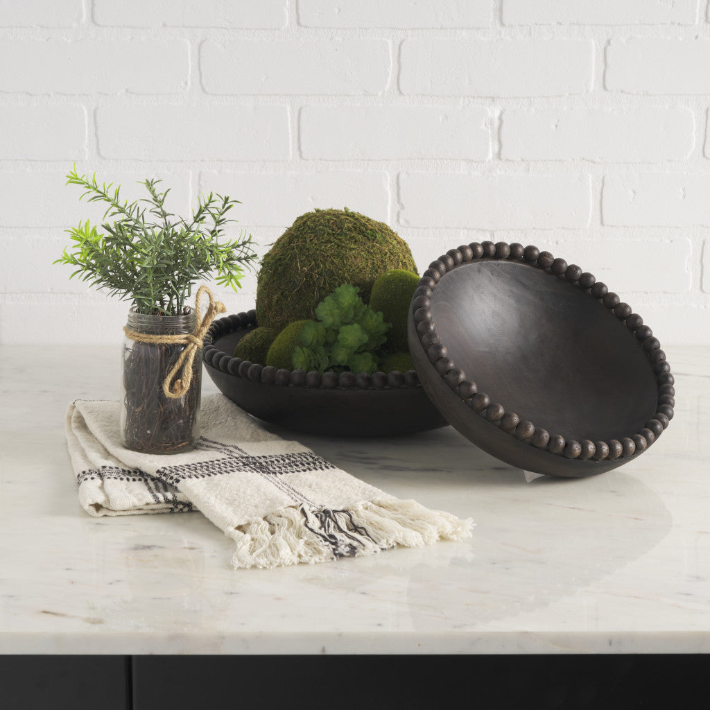 Set of Two Black Solid Wood Beaded Edge Round Centerpiece Bowls