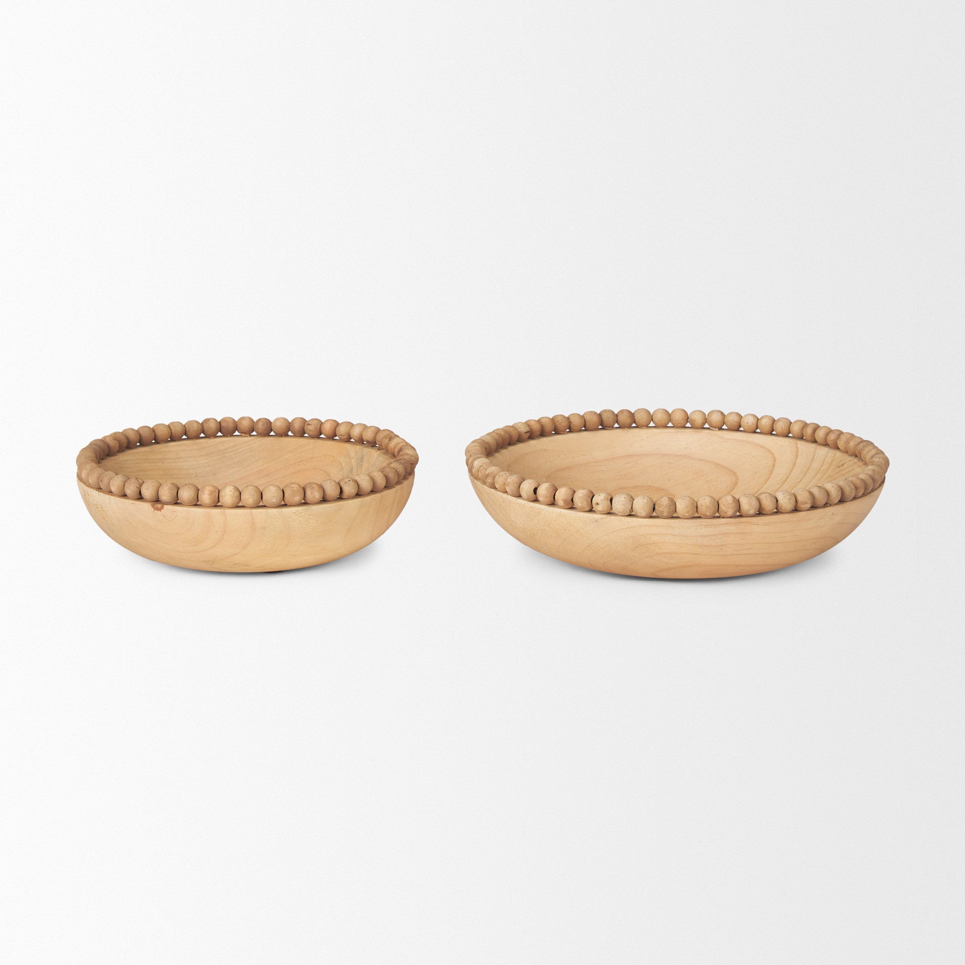 Set of Two Brown Solid Wood Beaded Edge Round Centerpiece Bowl