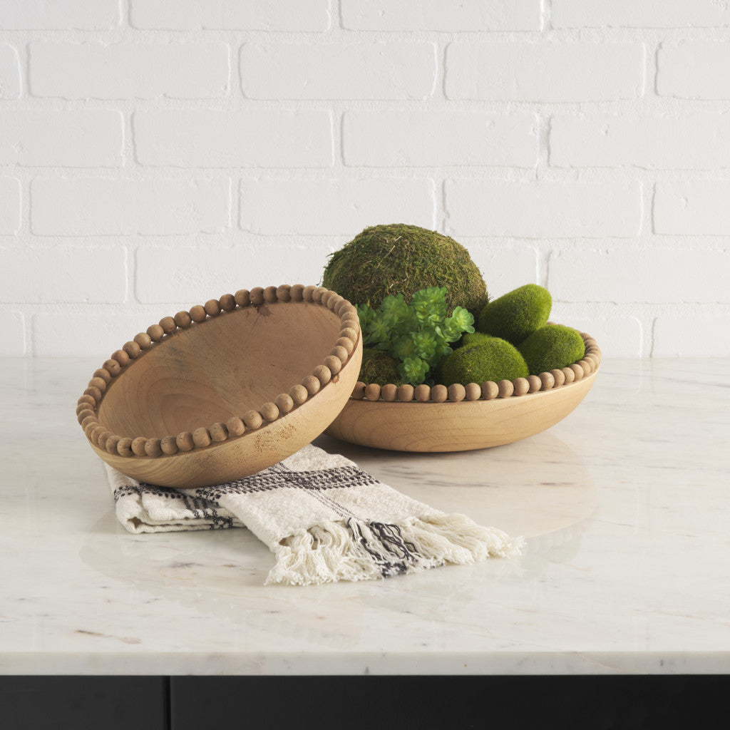 Set of Two Brown Solid Wood Beaded Edge Round Centerpiece Bowl