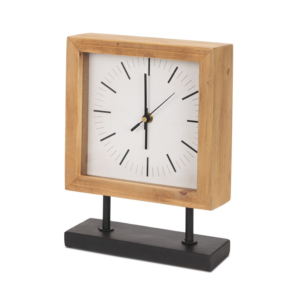 11" Natural And Black Solid Wood And Metal Square Table Clock
