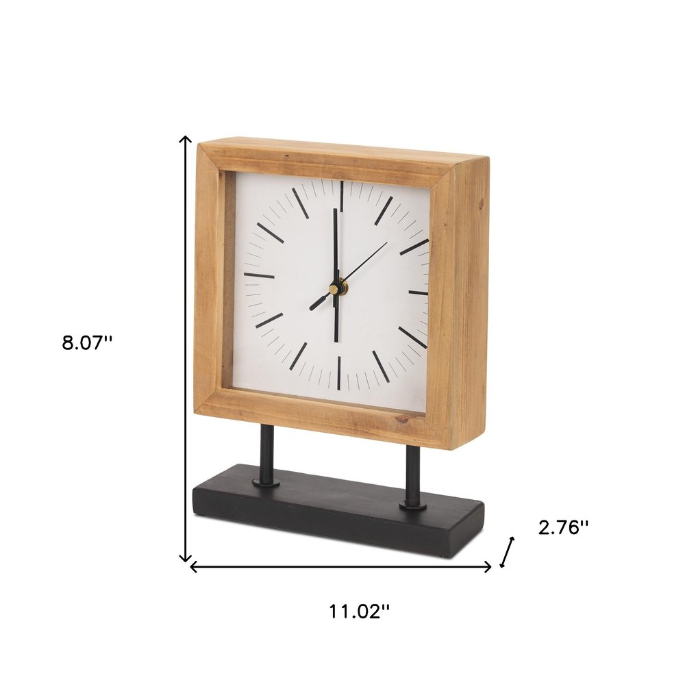 11" Natural And Black Solid Wood And Metal Square Table Clock