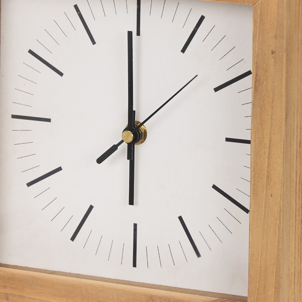 11" Natural And Black Solid Wood And Metal Square Table Clock