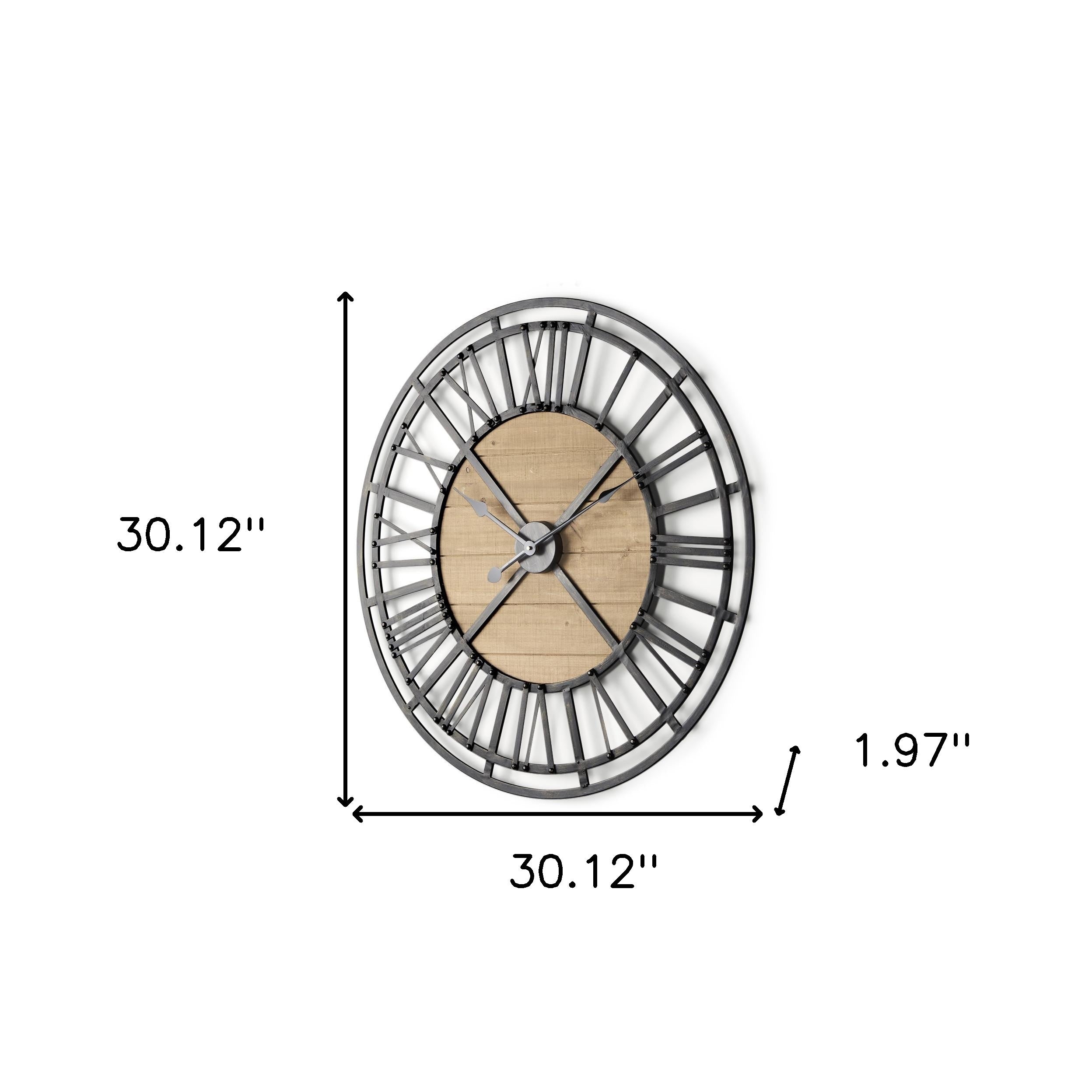 30" Black And Natural Iron And Wood Analog Round Wall Clock