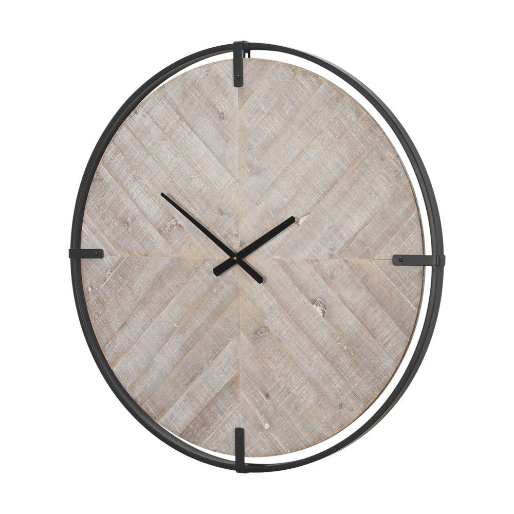 33" Black And Natural Metal And Solid Wood Analog Distressed Round Wall Clock