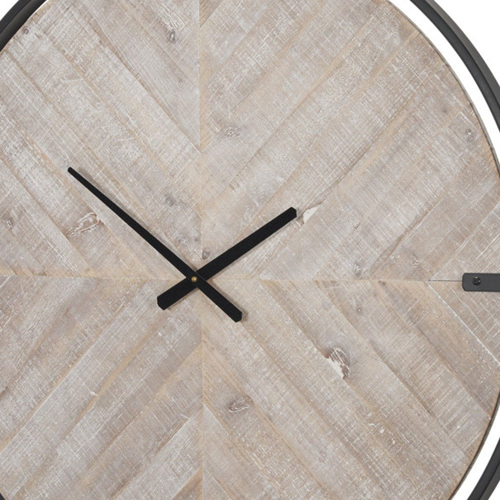 33" Black And Natural Metal And Solid Wood Analog Distressed Round Wall Clock