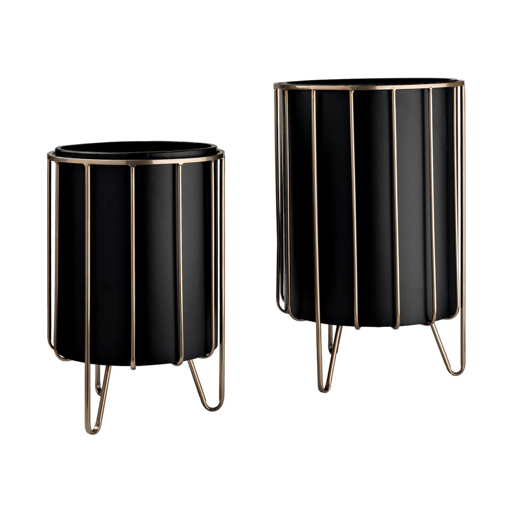 Set of Two Black Metal 20 Ounce Round Pot Planters