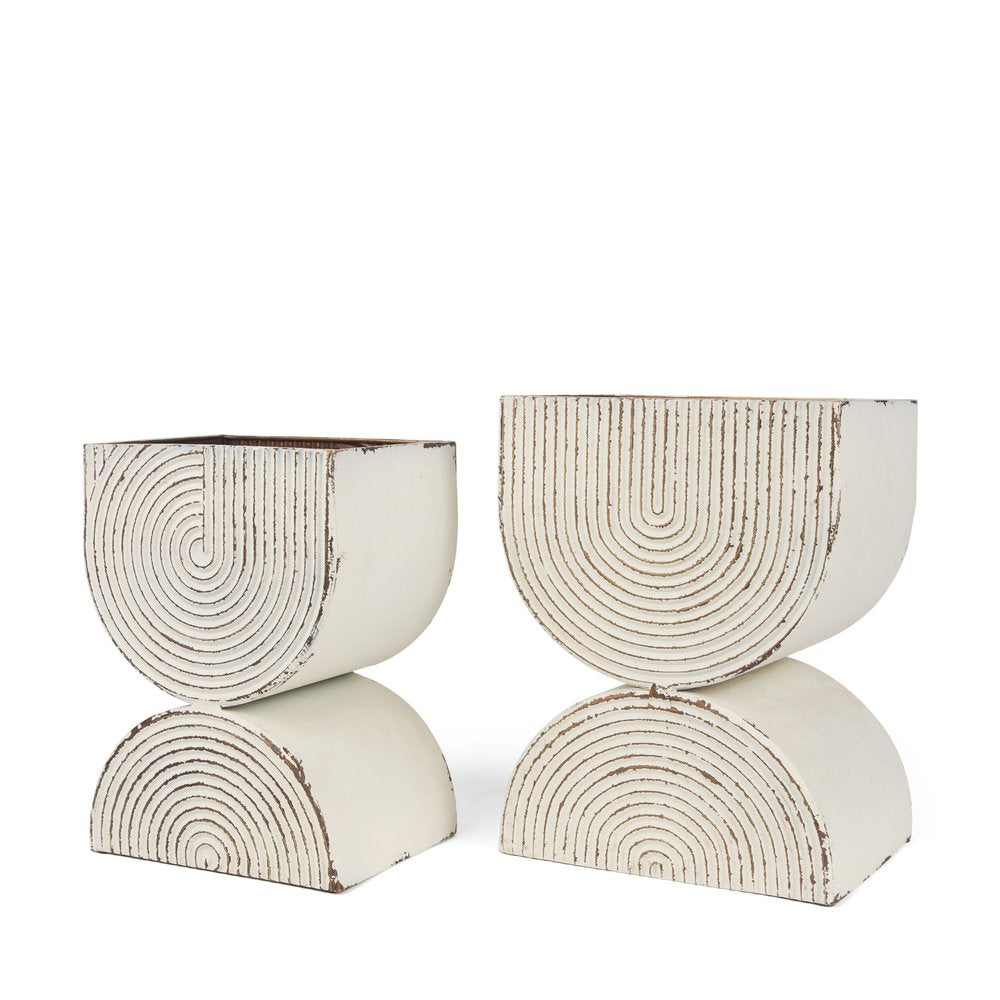 Set of Two Gold And Off White Metal 20 Ounce Geometric Rectangular Distressed Pot Planters