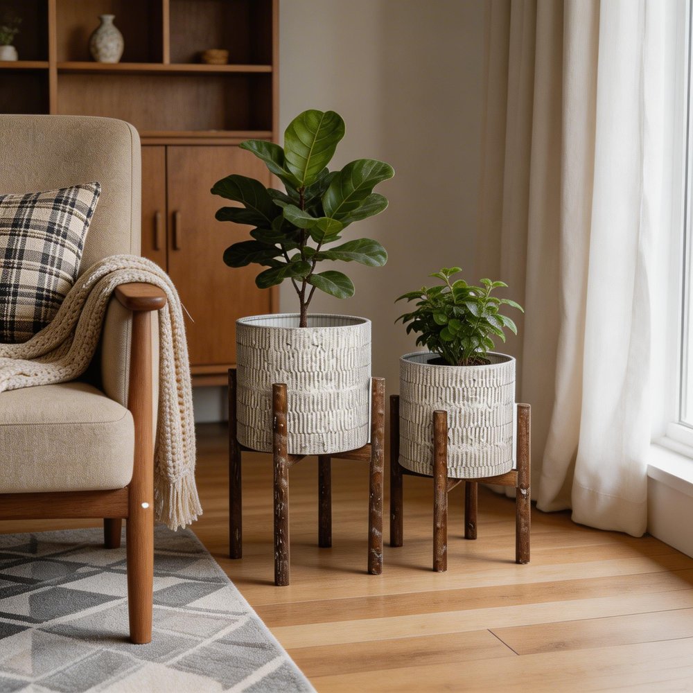 Set of Two Cream And Brown Ceramic And Wood Round Elevated Planters
