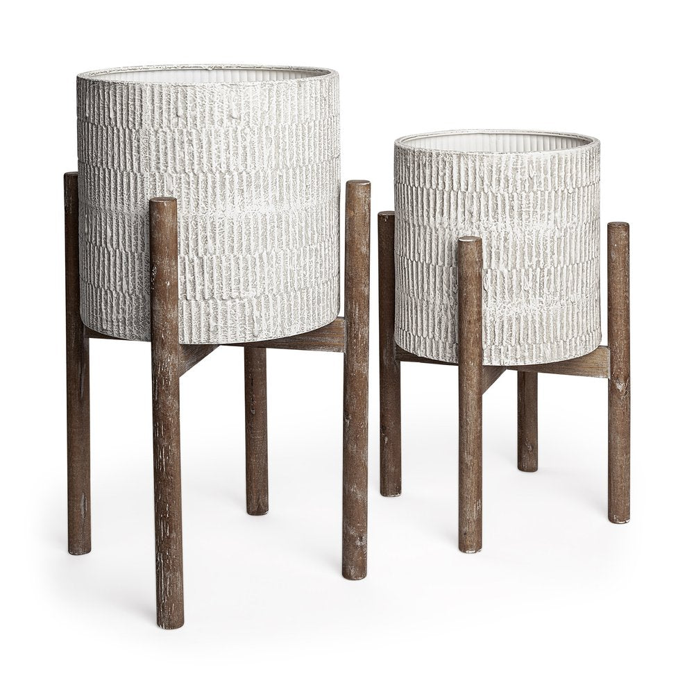 Set of Two Cream And Brown Ceramic And Wood Round Elevated Planters