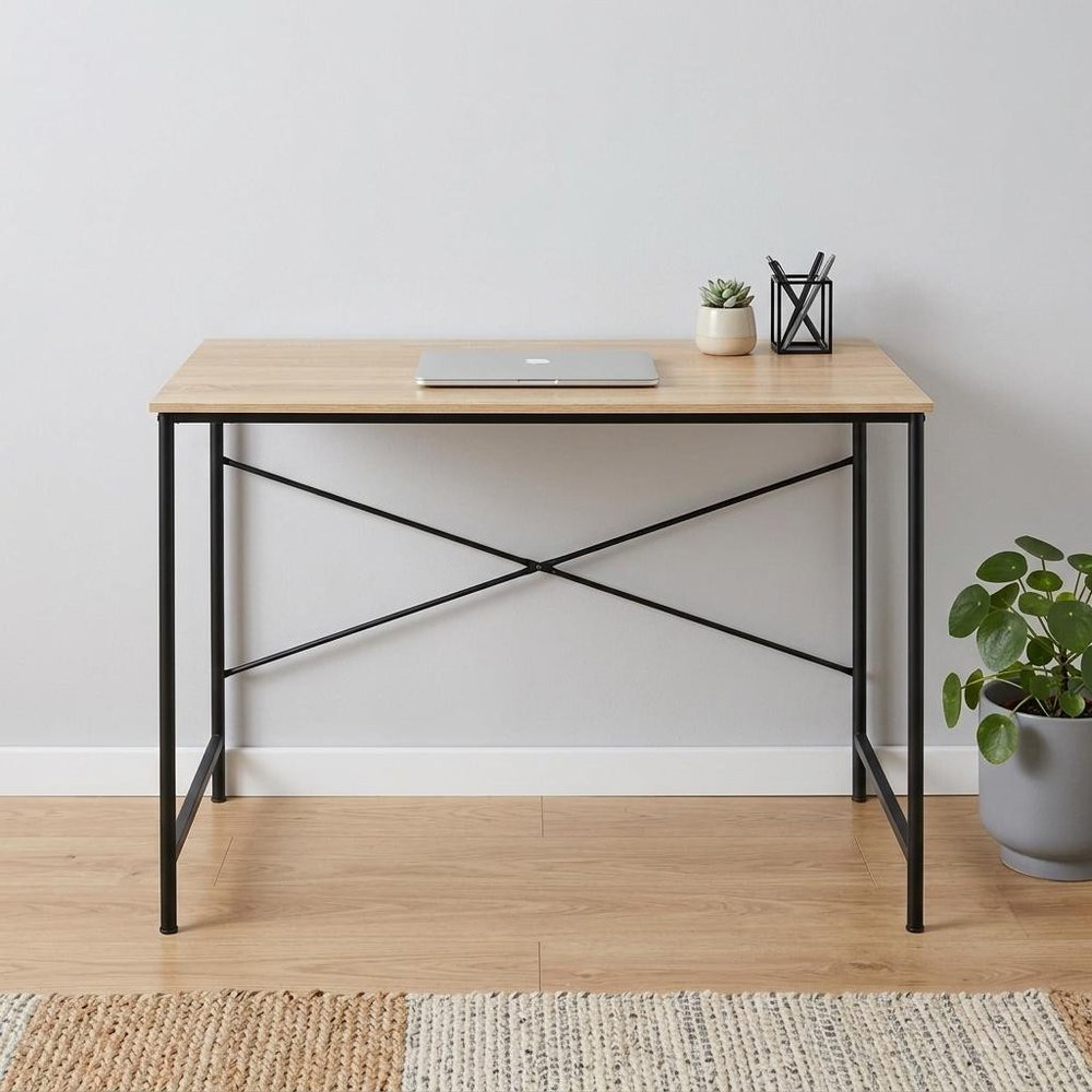 47" Natural and Black Wood and Metal Computer Desk