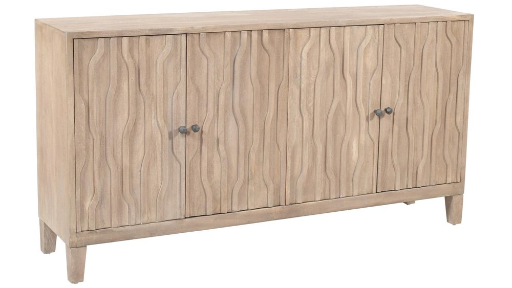 69" Ivory Distressed Reclaimed Wood Carved Geometric Sideboard With Four Doors