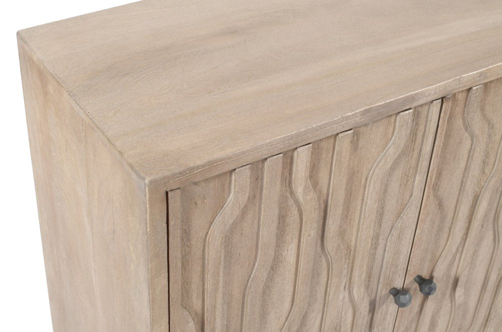 69" Ivory Distressed Reclaimed Wood Carved Geometric Sideboard With Four Doors