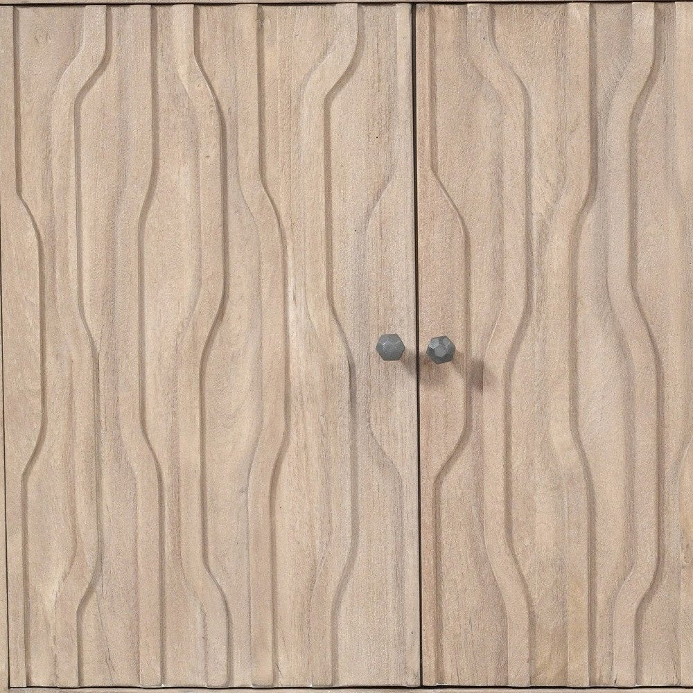 69" Ivory Distressed Reclaimed Wood Carved Geometric Sideboard With Four Doors