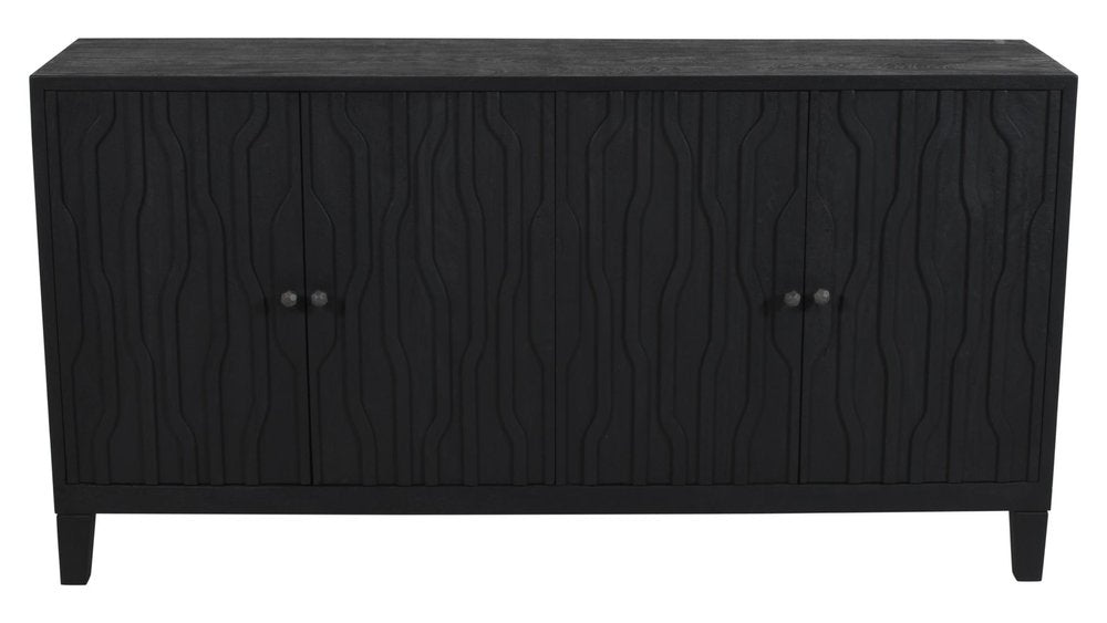 69" Graphite Distressed Reclaimed Wood Carved Geometric Sideboard With Four Doors