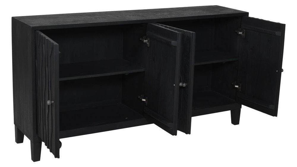 69" Graphite Distressed Reclaimed Wood Carved Geometric Sideboard With Four Doors