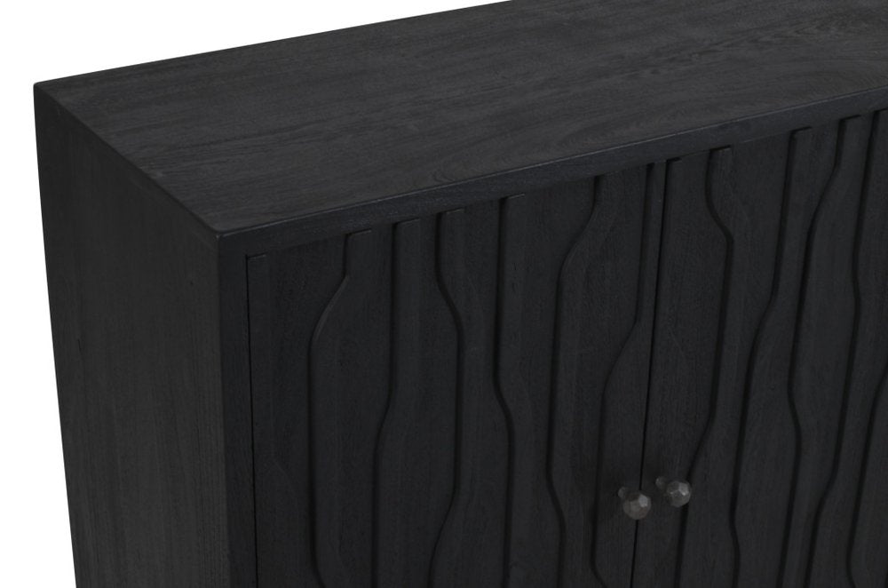69" Graphite Distressed Reclaimed Wood Carved Geometric Sideboard With Four Doors