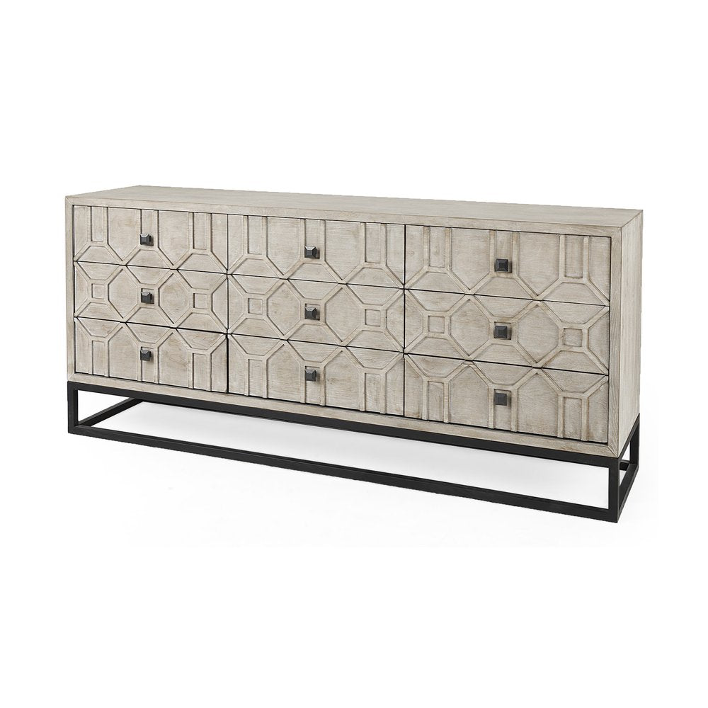 70" Light Brown Wood Carved Geometric Nine Drawer Sideboard