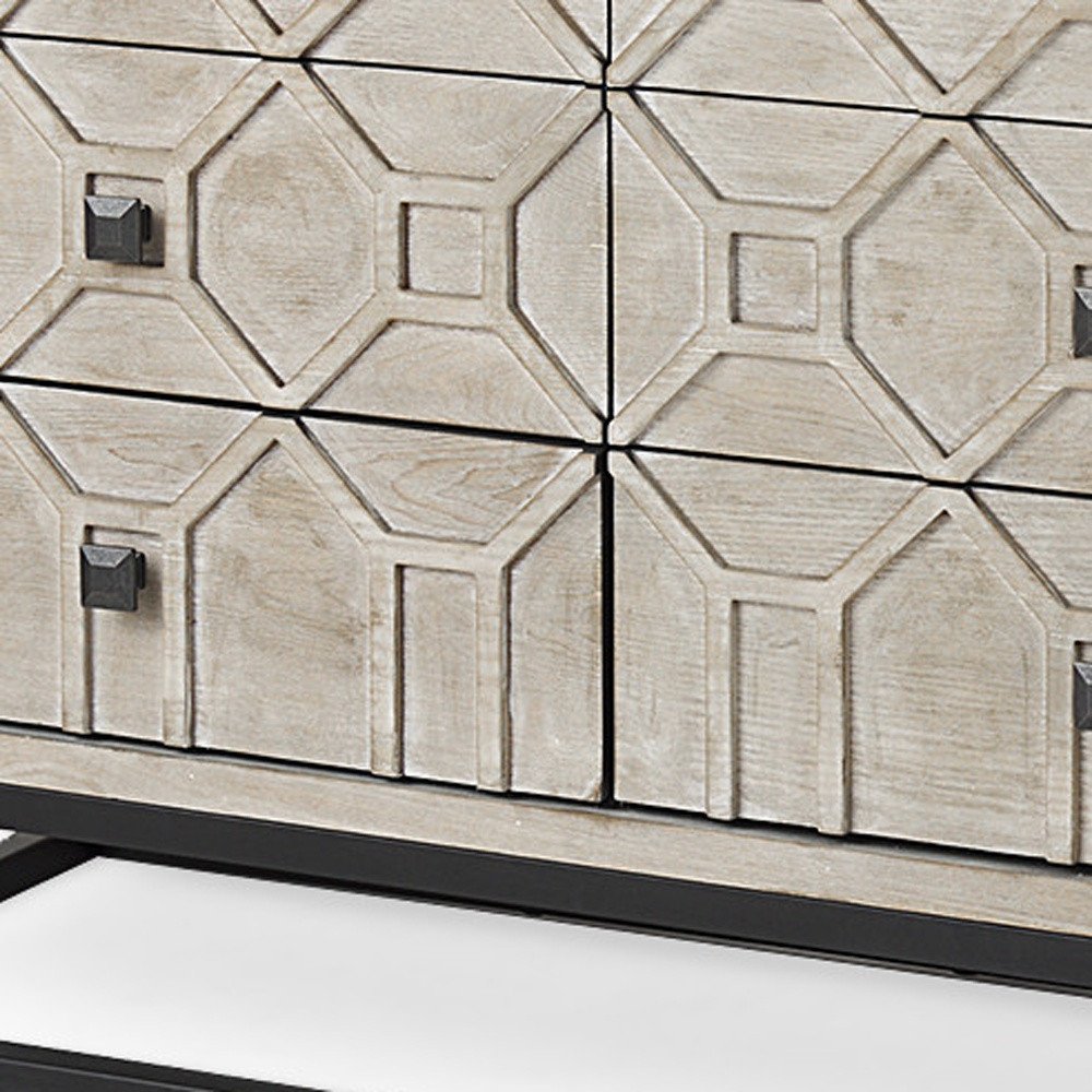 70" Light Brown Wood Carved Geometric Nine Drawer Sideboard