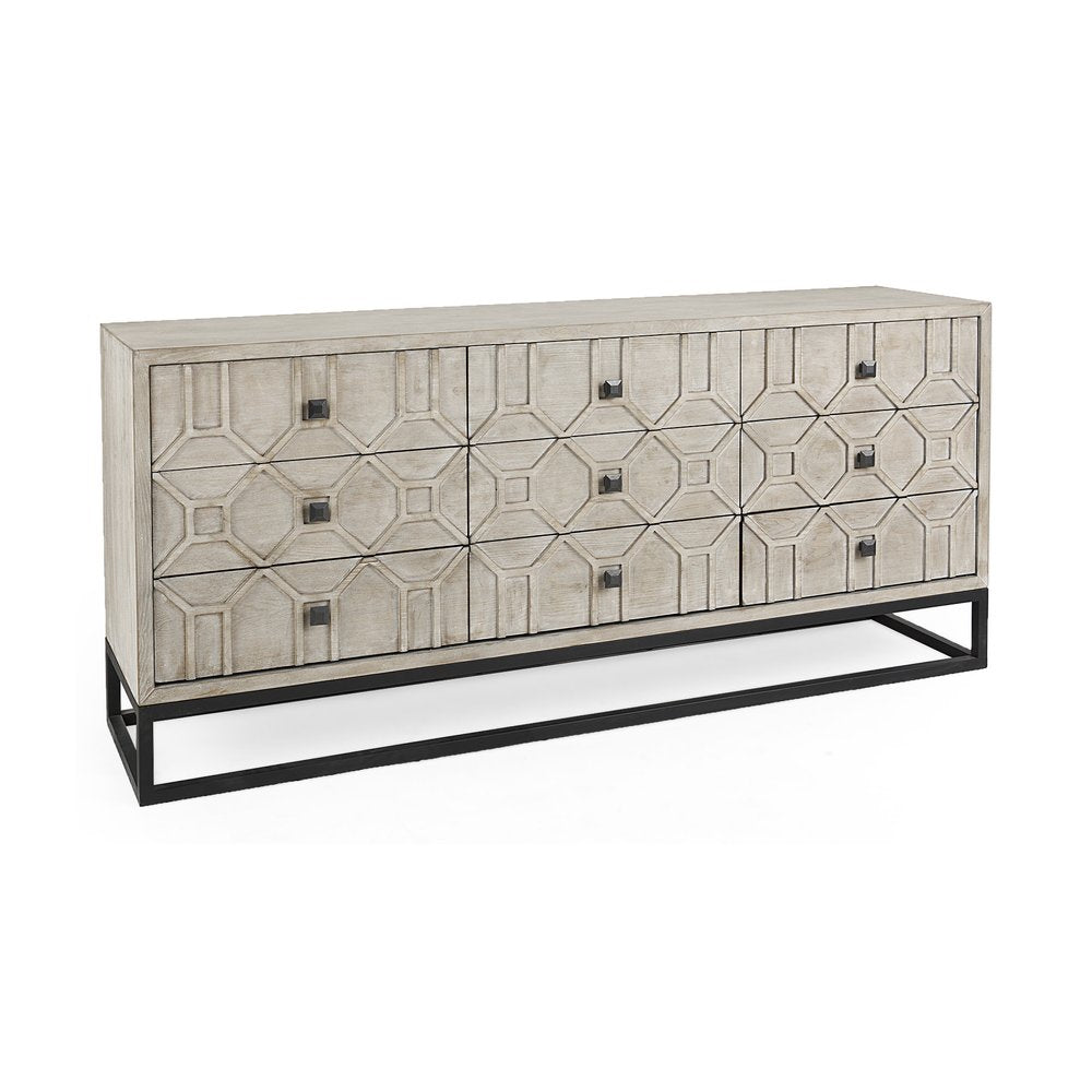 70" Light Brown Wood Carved Geometric Nine Drawer Sideboard