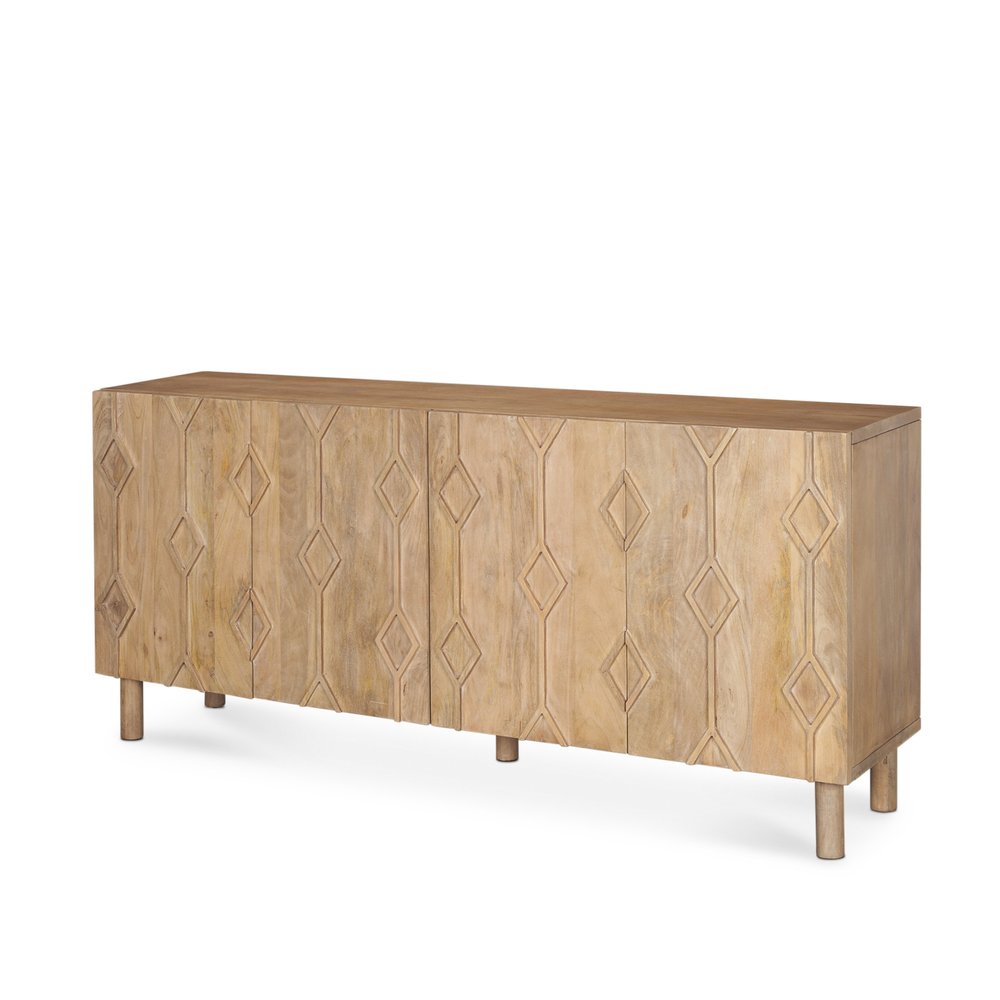 71" Light Brown Solid Wood Carved Geometric Sideboard Soft Close with Four Doors