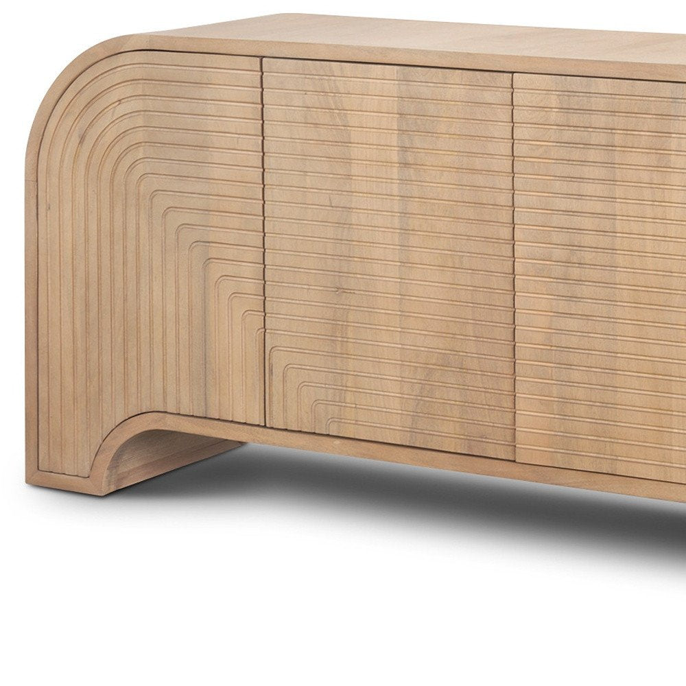 72" Natural Solid Wood Ribbed Texture Sideboard With Four Doors