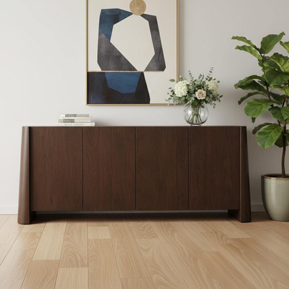 81" Brown Solid Wood Sideboard Soft Close with Four Doors