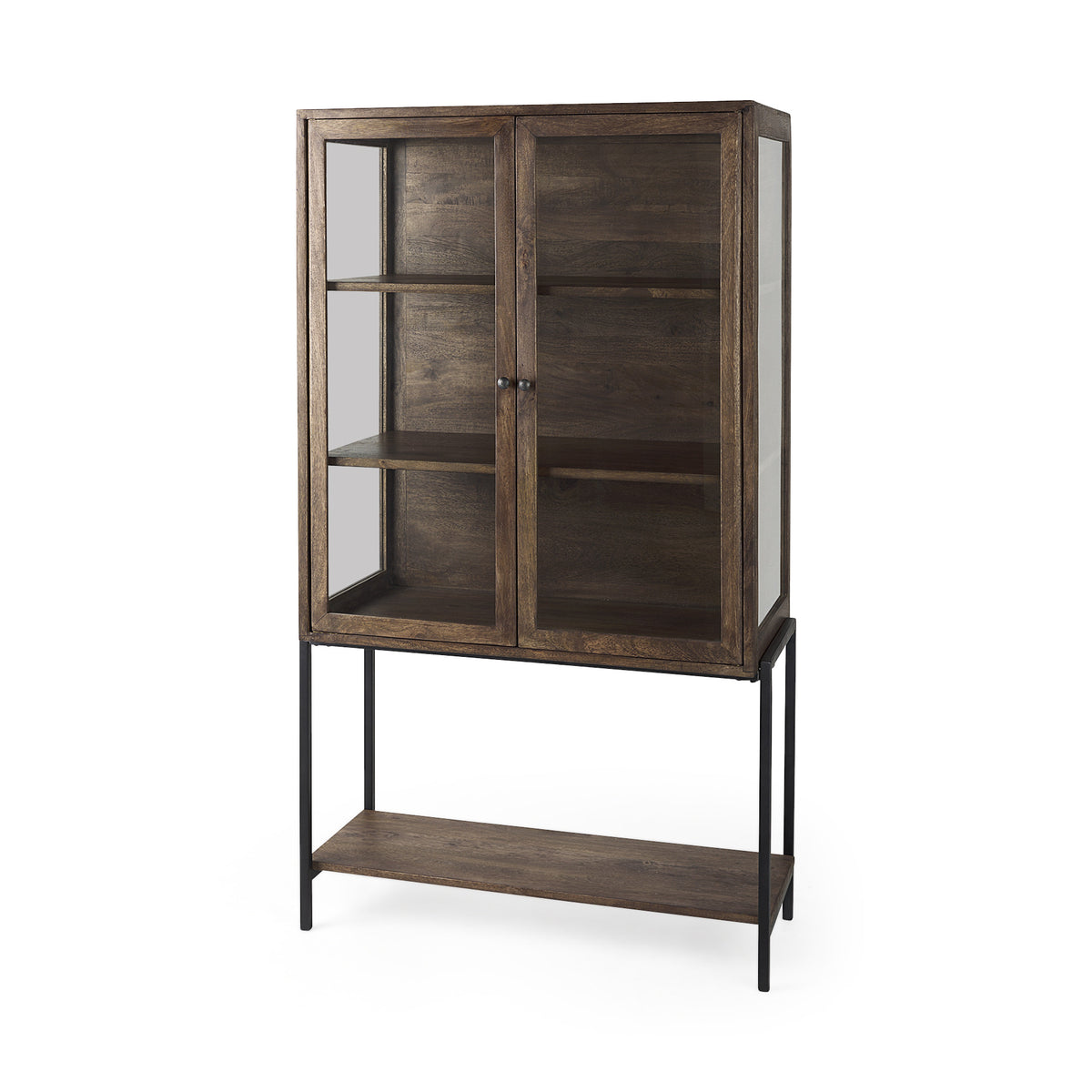 36" Brown and Black Solid Wood and Metal Display Cabinet With Two Doors