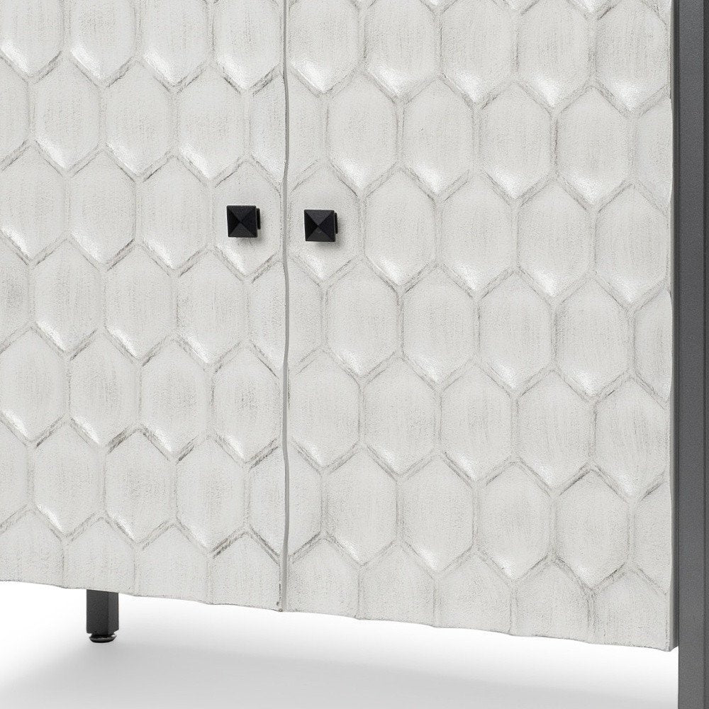 32" White and Gray Wood and Metal Carved Geometric Accent Cabinet With Two Doors