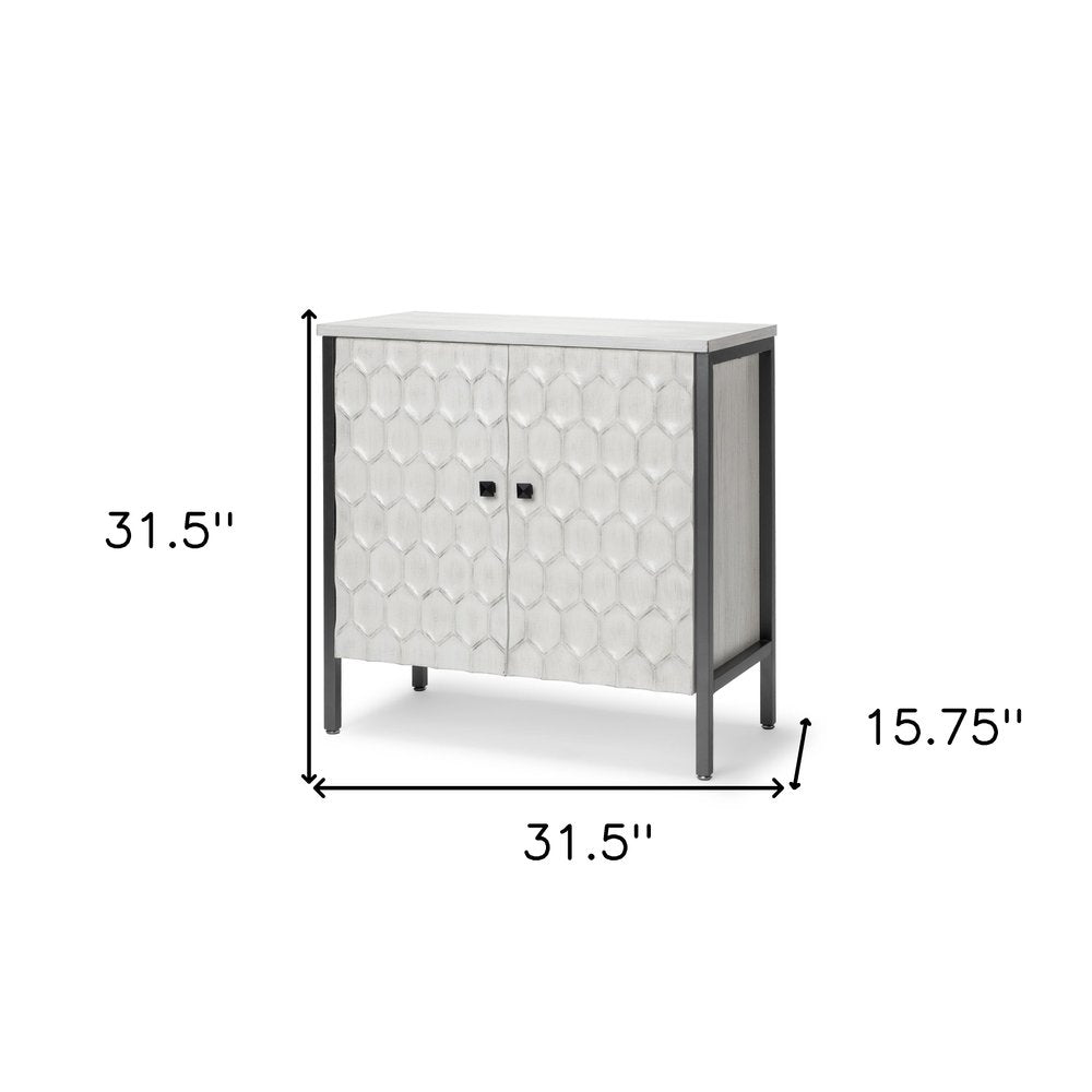 32" White and Gray Wood and Metal Carved Geometric Accent Cabinet With Two Doors