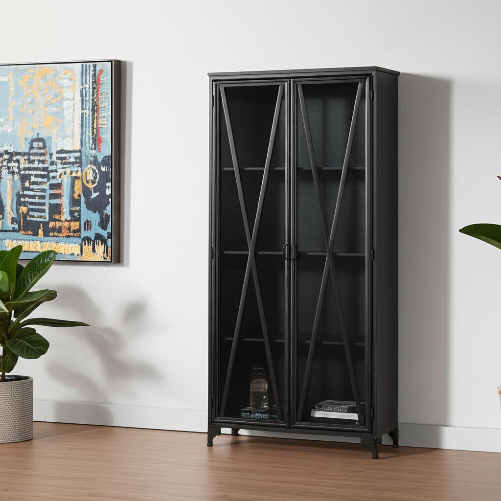 38" Black Glass and Metal Display Cabinet With Two Doors