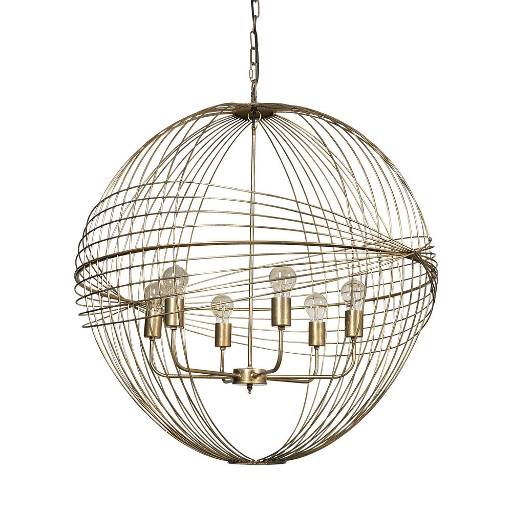 Gold Caged Six Light Metal and Glass Dimmable Chandelier With Gold Shades