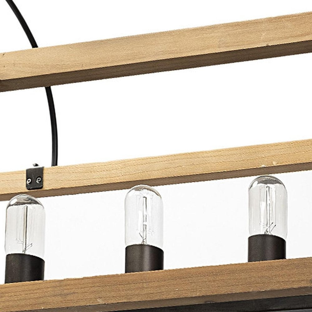 Natural And Black Candle Style Six Light Wood and Metal Dimmable Chandelier