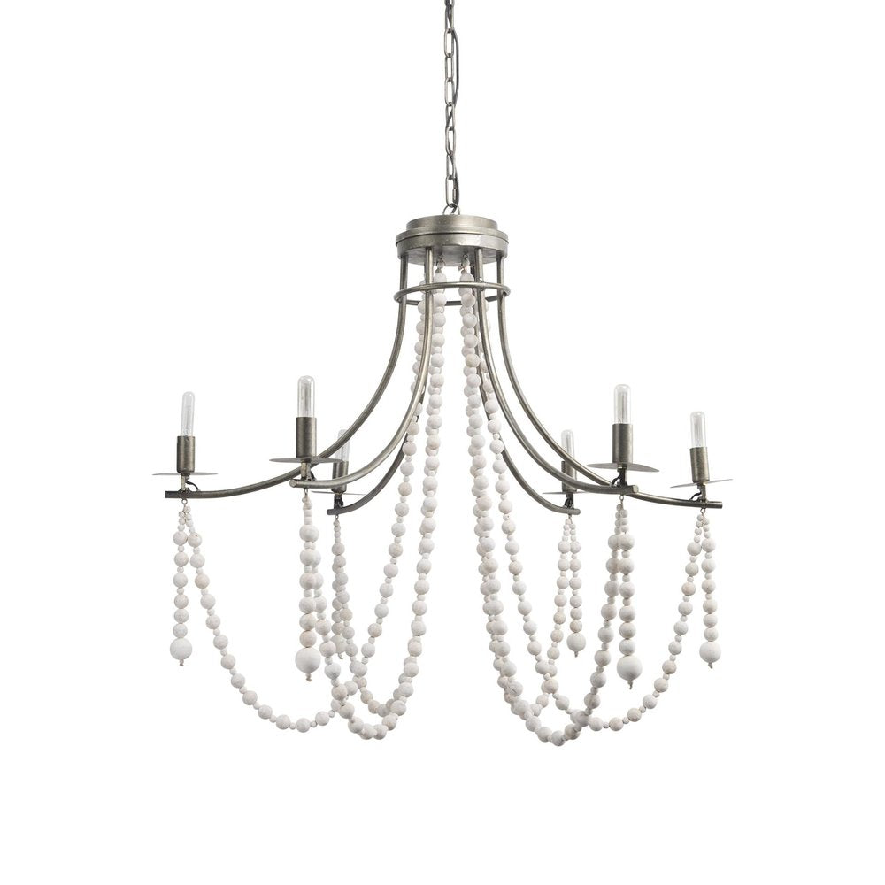 White And Silver Candle Style Six Light Metal and Beads Dimmable Chandelier