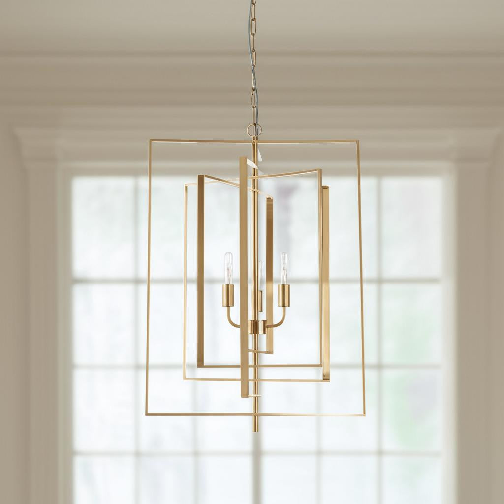 Antiqued Gold Geometric Four Light Metal Dimmable Chandelier