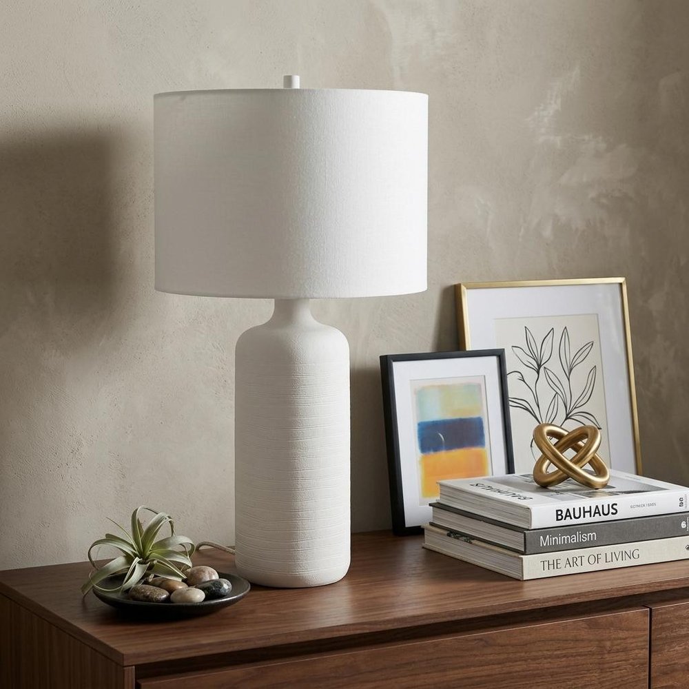 31" White Round Bedside Lamp With Drum Shade