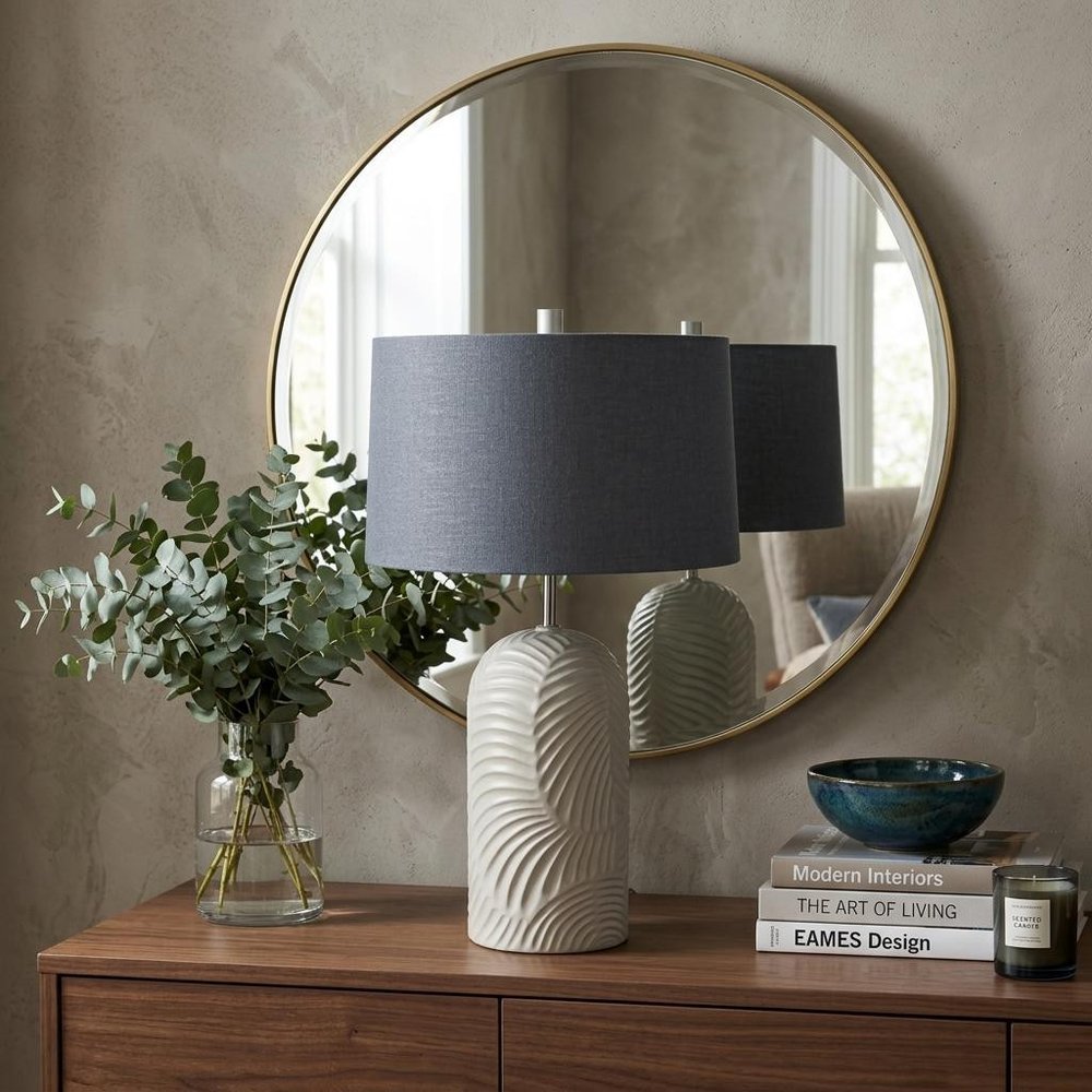 29" Beige Round Bedside Lamp With Drum Shade