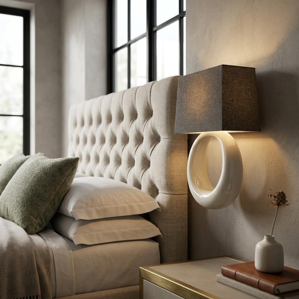 12" Dark Gray And Light Gray Resin and Fabric Armed Sconce