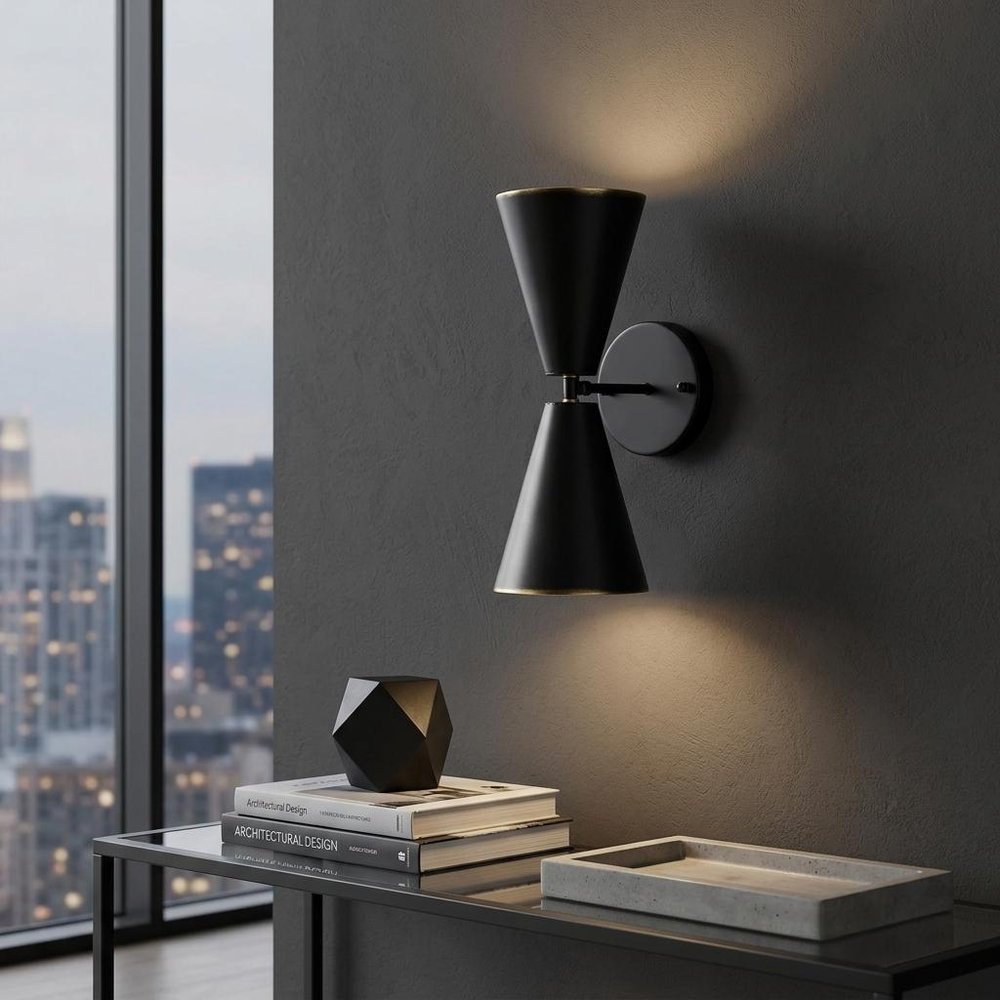 Black And Gold Metal Double Cone Two Light Armed Sconce