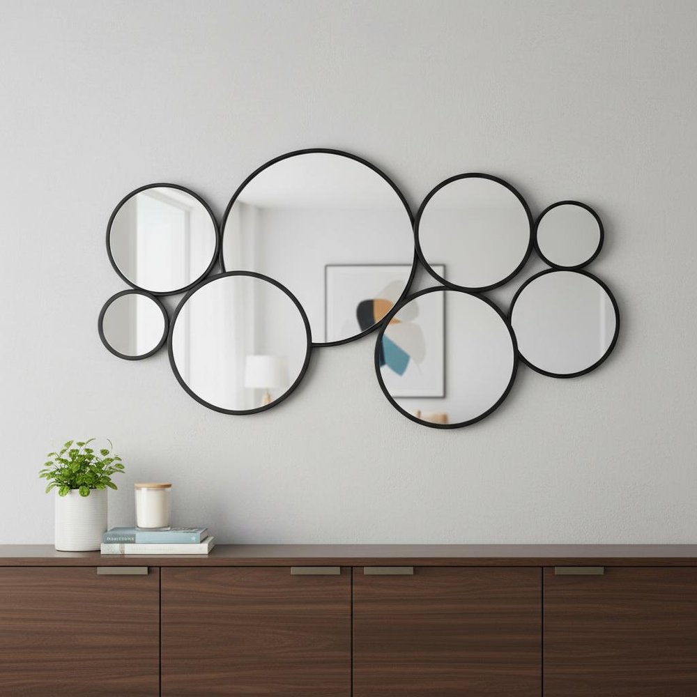 Set Of Eight Black Metal Round Cojoined Accent Mirrors
