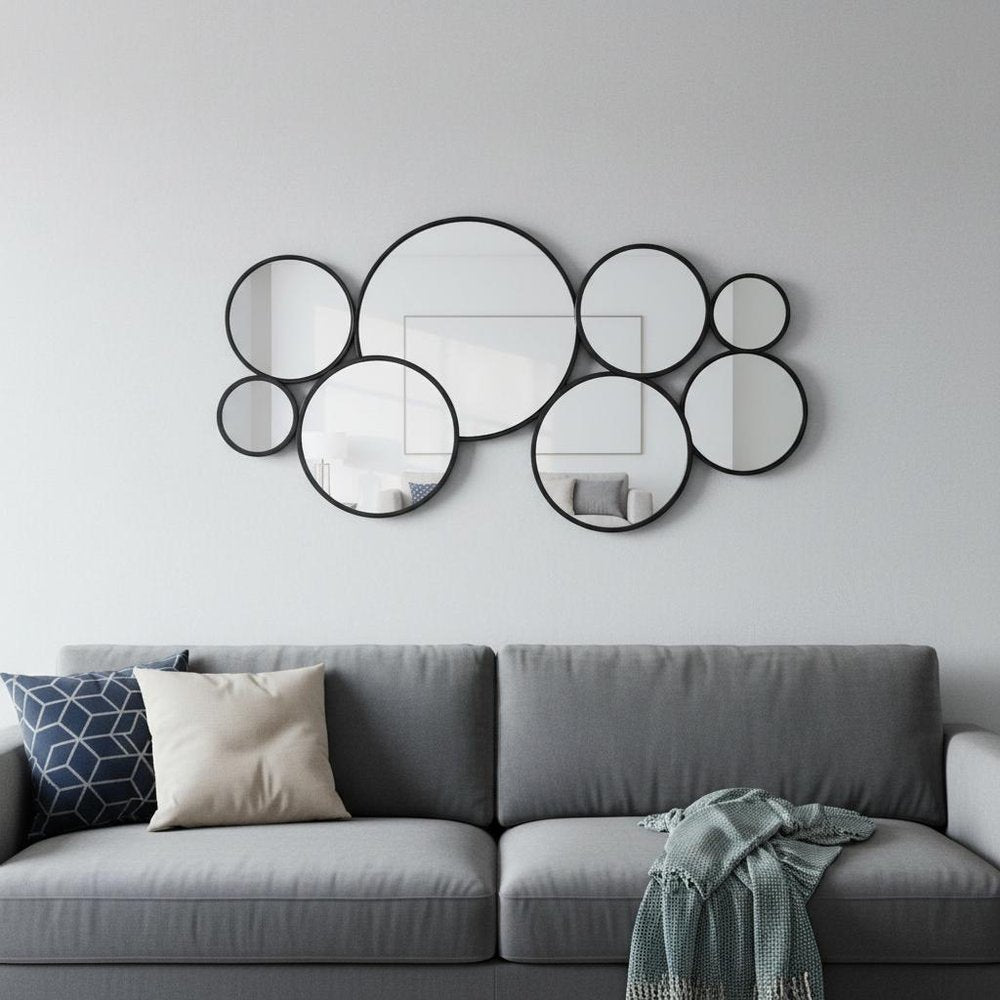 Set Of Eight Black Metal Round Cojoined Accent Mirrors