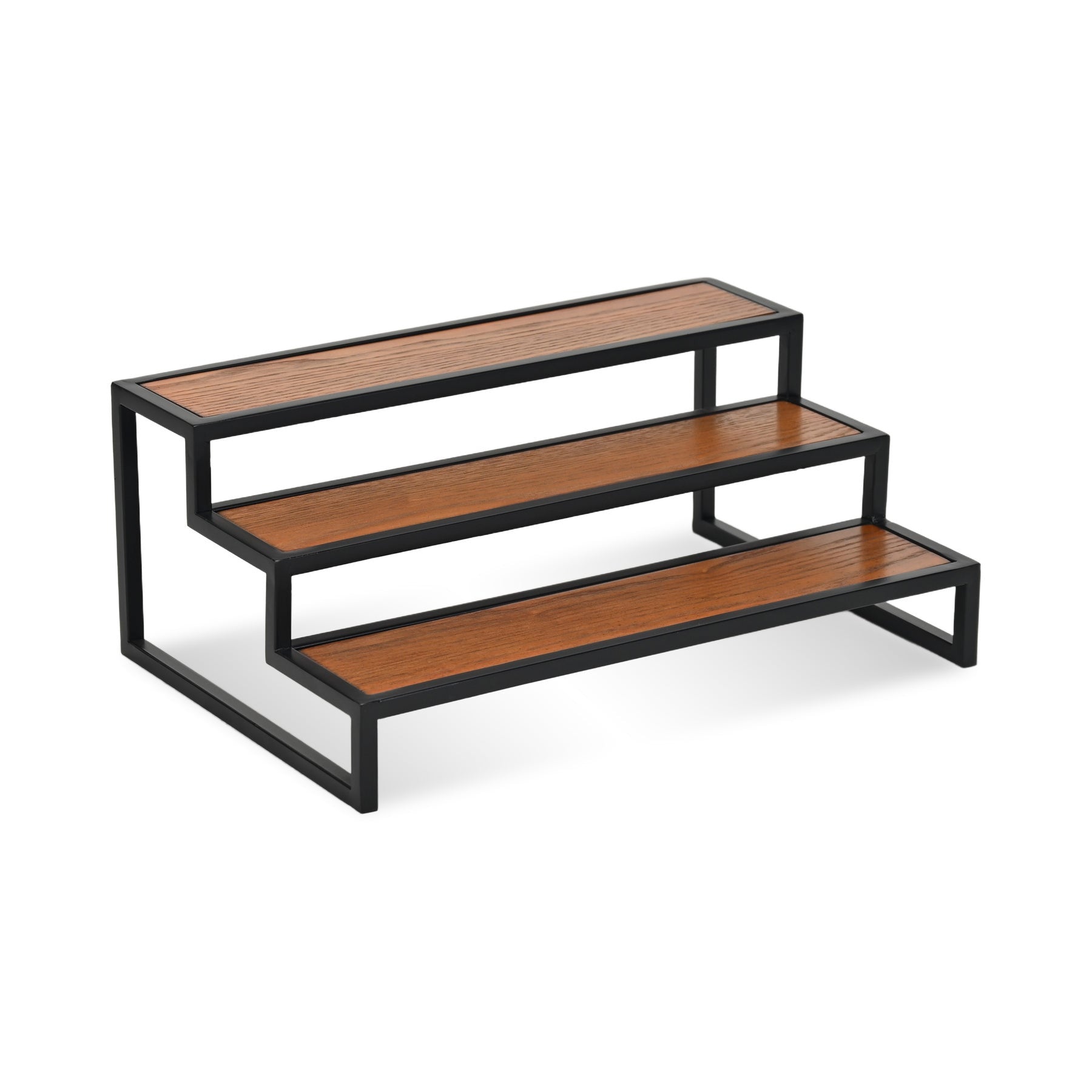 15" Black And Brown Metal And Solid Wood Handmade Three Tier Tray