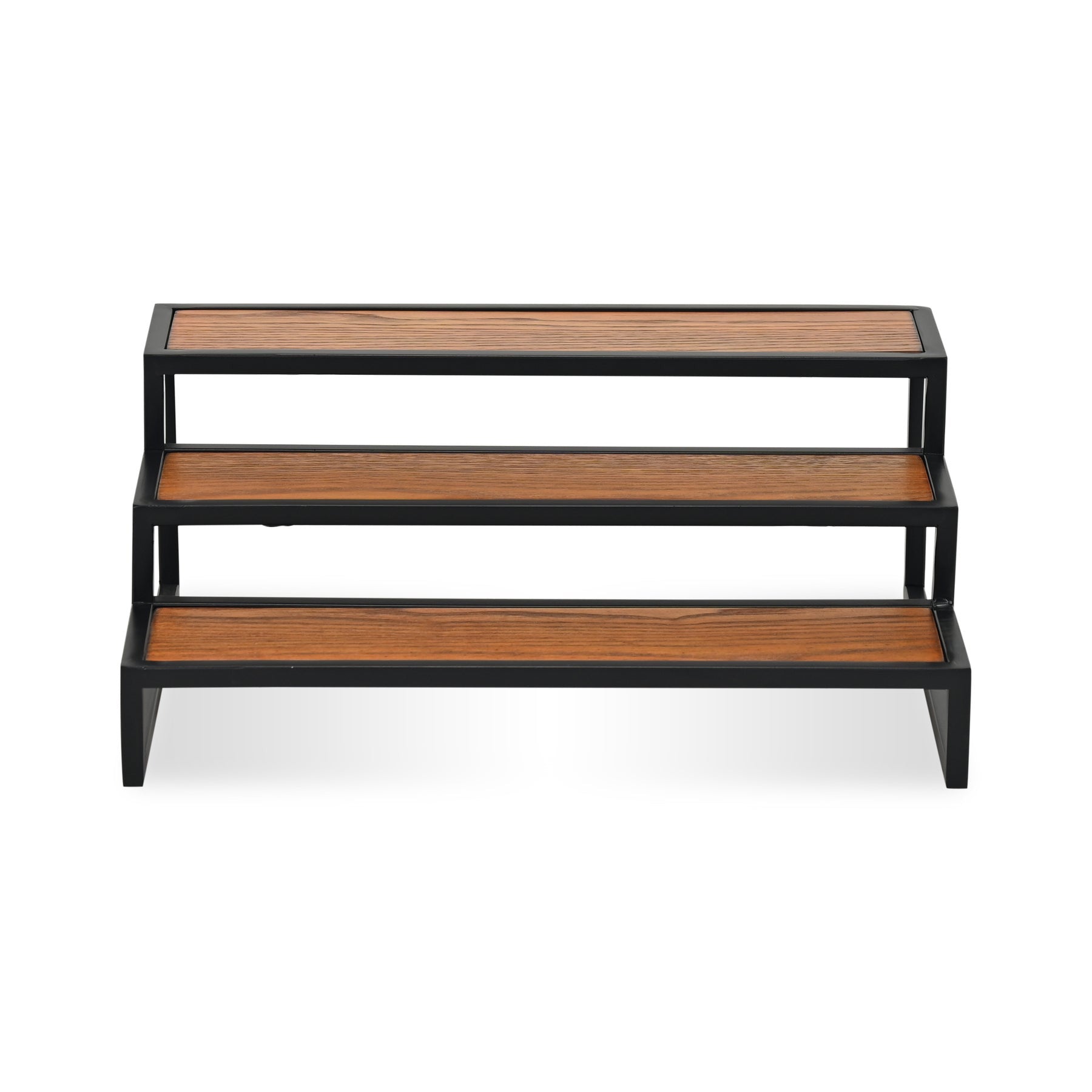 15" Black And Brown Metal And Solid Wood Handmade Three Tier Tray