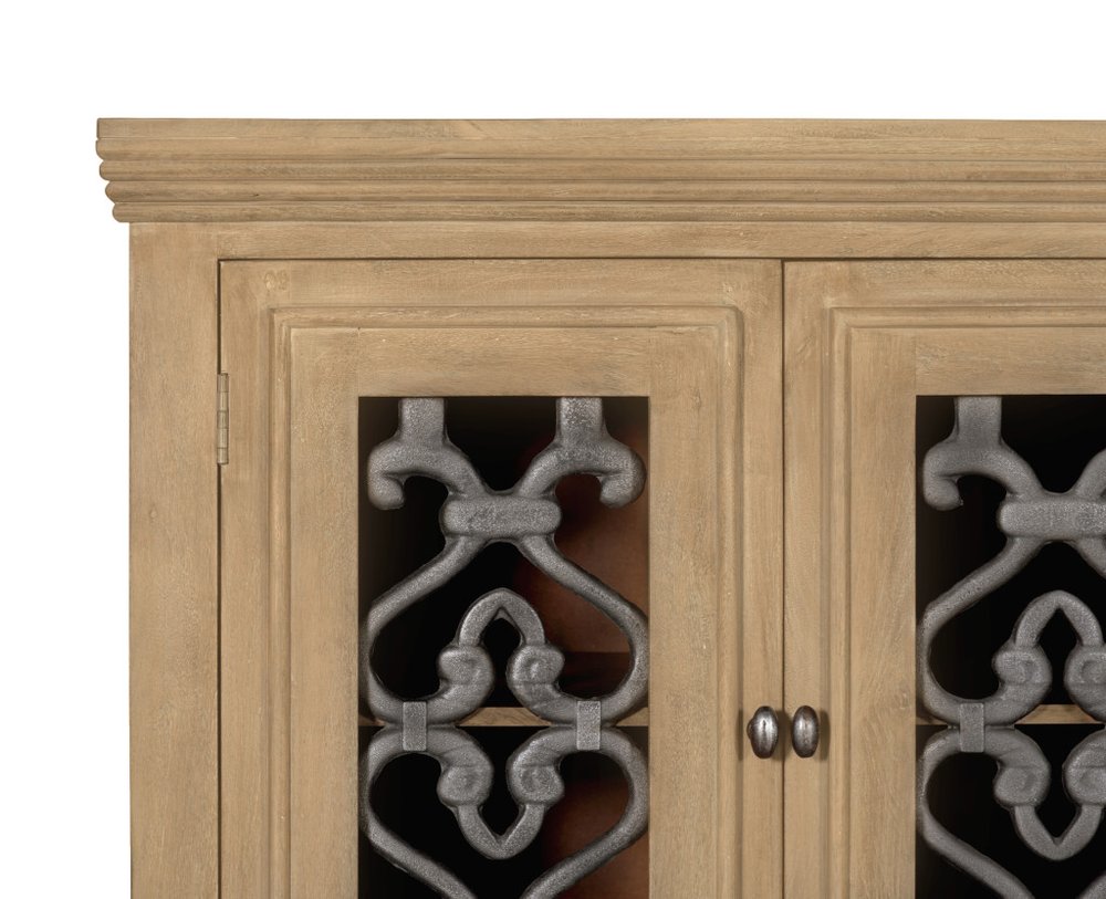 76" Natural Distressed Solid Wood Sideboard Soft Close with Four Glass Doors