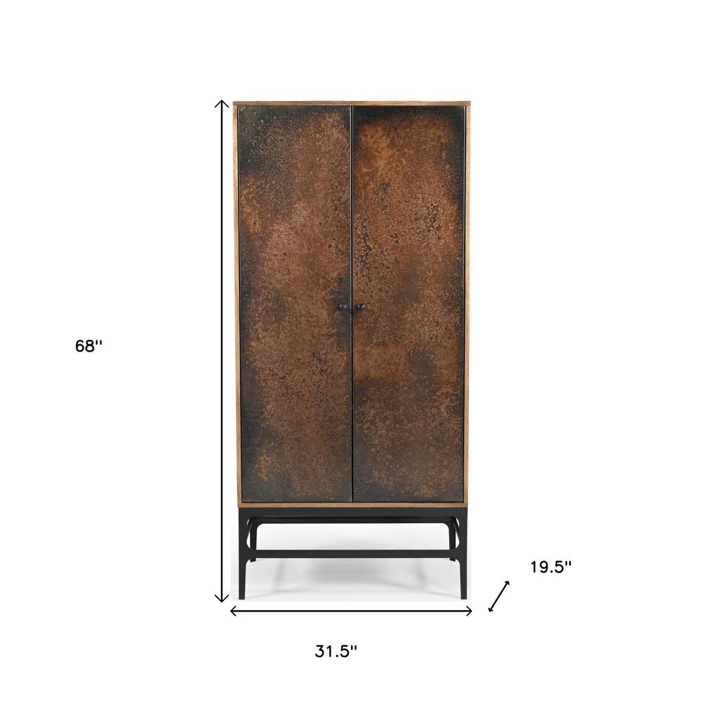 32" Copper and Black Distressed Solid Wood Frame Accent Cabinet With Two Doors