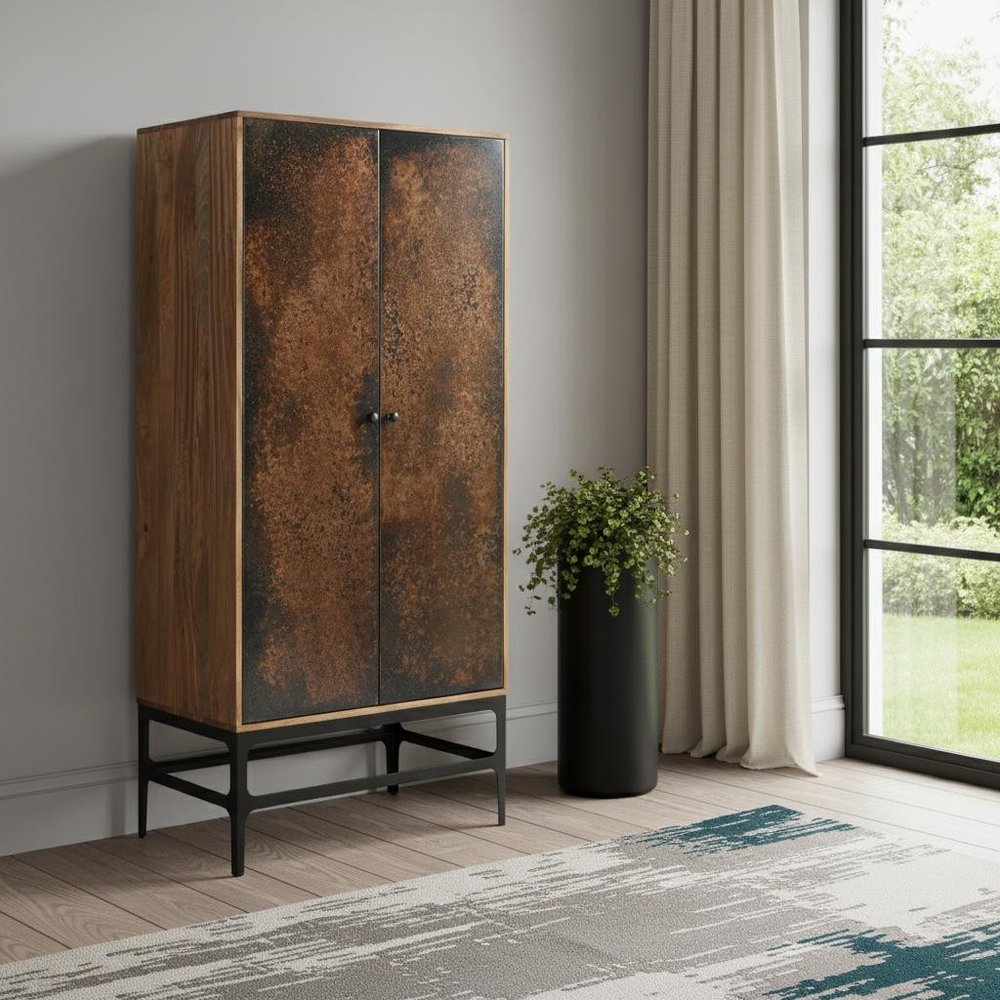 32" Copper and Black Distressed Solid Wood Frame Accent Cabinet With Two Doors